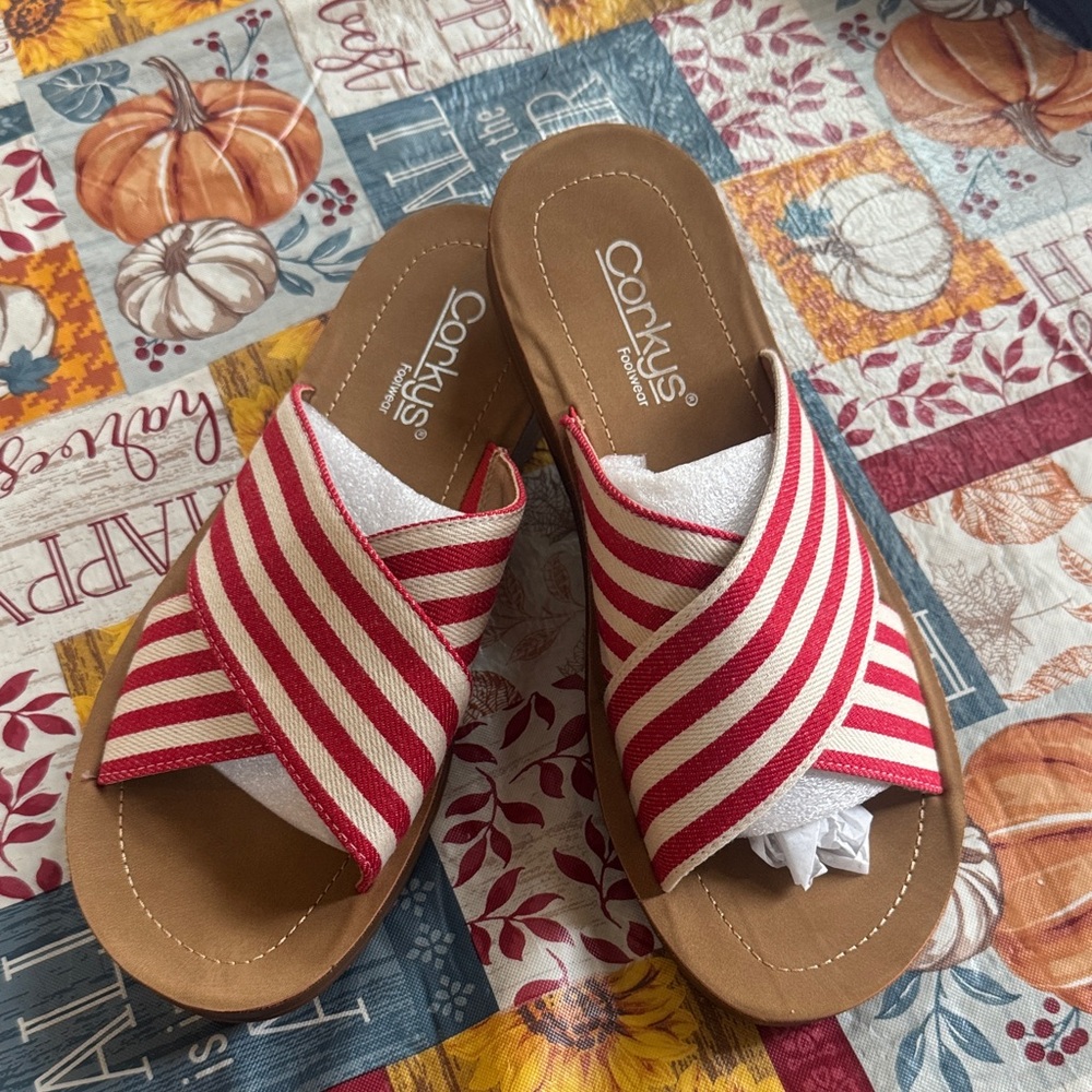 Red and White Striped Women's Sandals